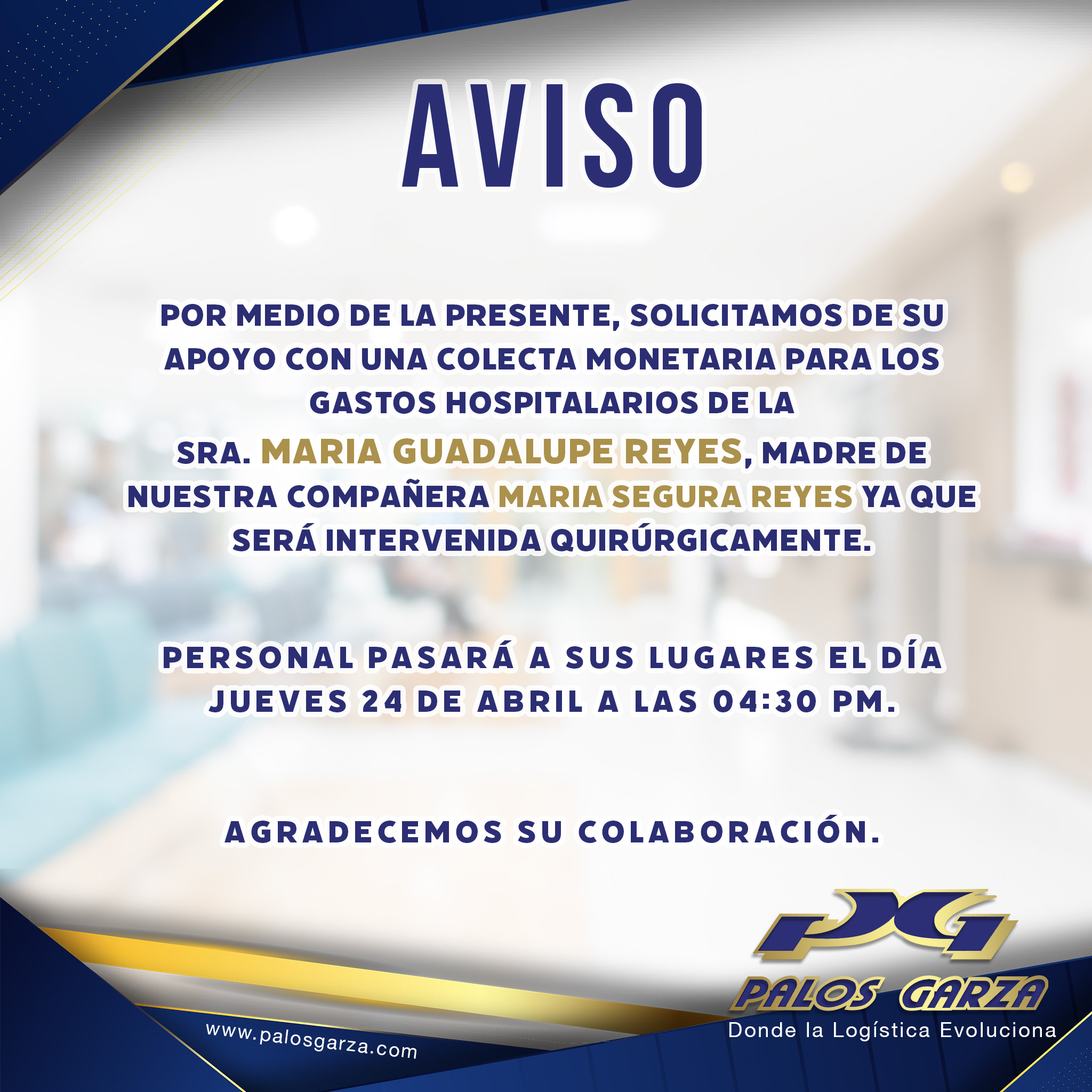 Aviso interno- Ayuda monetaria Sra. María  Guadalupe Reyes
